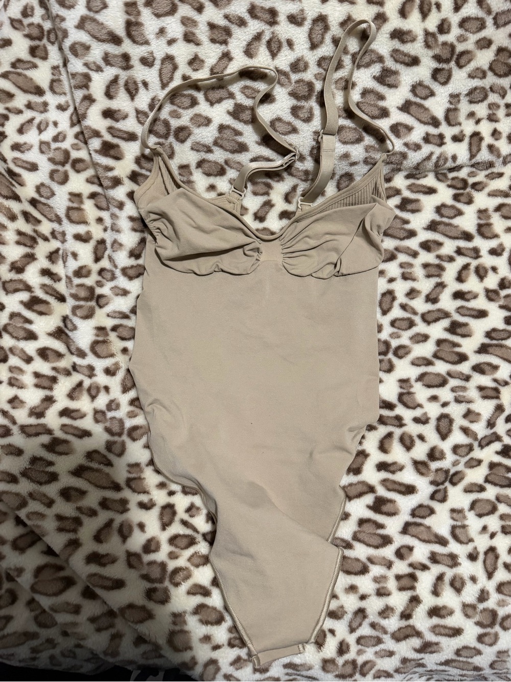 SKIMS Beige One-Piece Bodysuit with Ruffle Bust